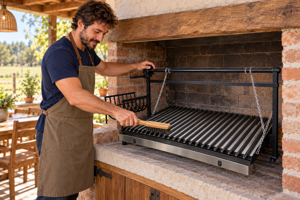 Hombre cepillando en frío el emparrillado de hierro ángulo.