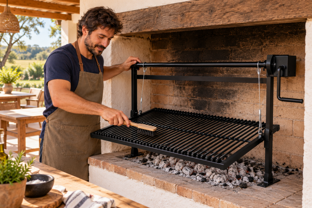 Hombre cepillando el emparrillado de hierro redondo una vez frío.