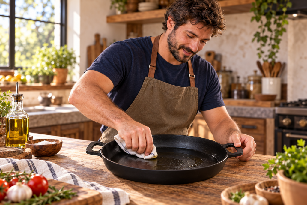 Hombre aplicando una capa fina de aceite a la paellera fría y seca.
