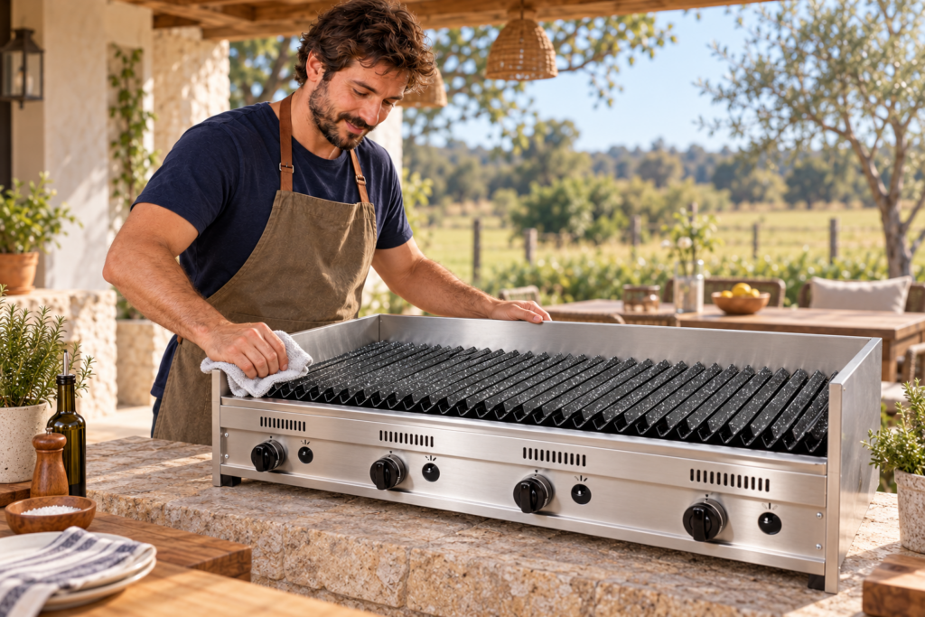 Hombre limpiando la parrilla a gas de 120 cm una vez fría.