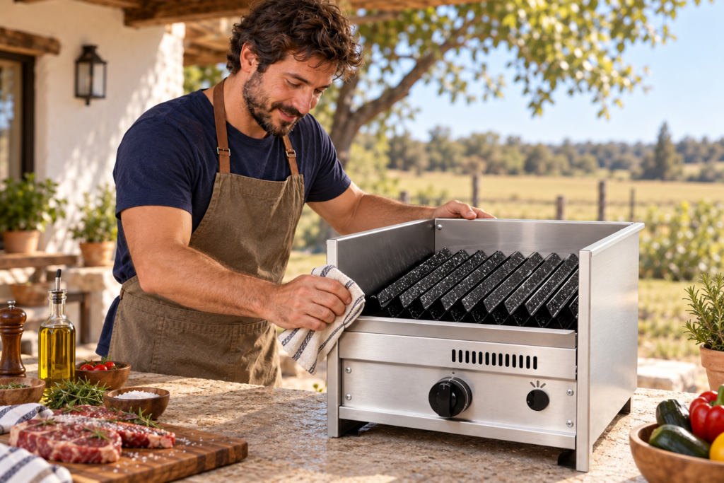 Hombre limpiando el exterior frío de la parrilla a gas de 35 cm.