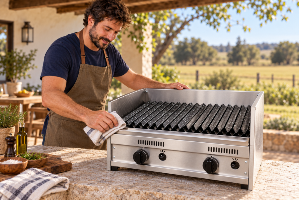 Hombre limpiando el exterior frío de la parrilla a gas de 60 cm.