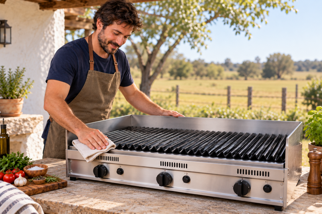 Hombre limpiando el exterior frío de la parrilla a gas de 90 cm.