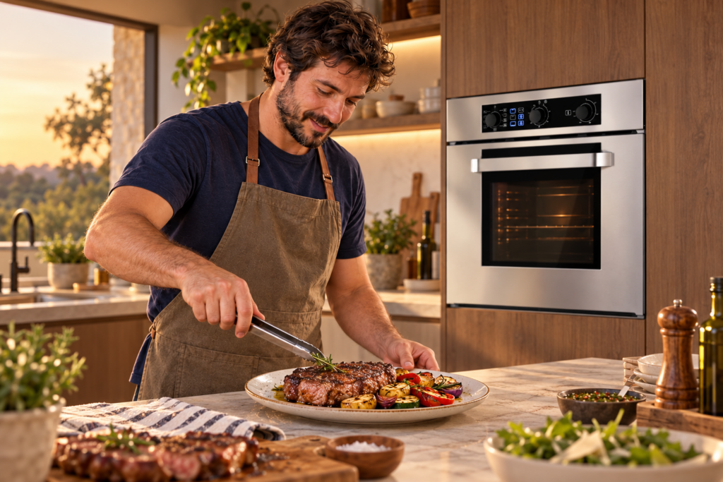 Hombre sirviendo una comida en una cocina con horno empotrable TST RAPHAY VIII.
