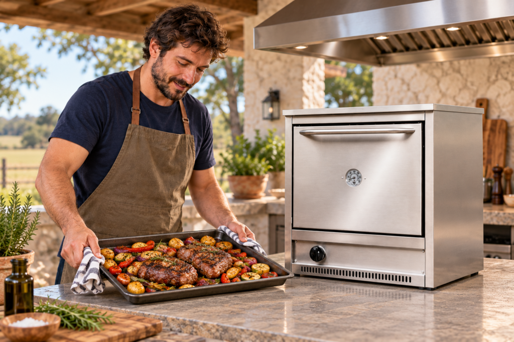 Hombre presentando una bandeja de comida junto al horno semiindustrial para mesada.