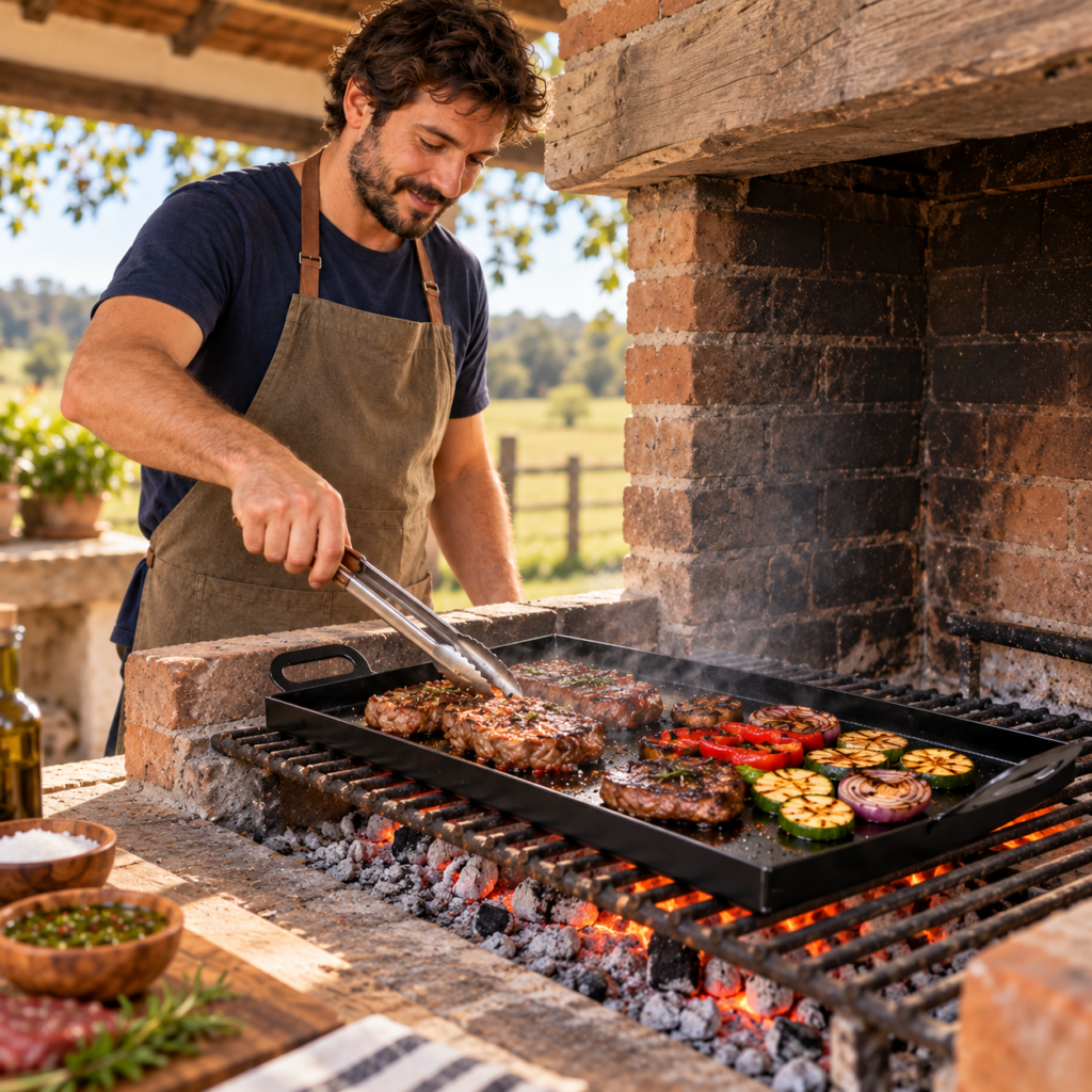 Hombre preparando carnes en la plancheta bifera Deportones sobre brasas en un quincho.