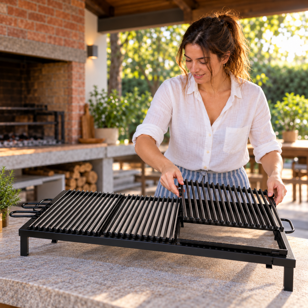 Mujer colocando un módulo desmontable en el emparrillado portátil frío Deportones.