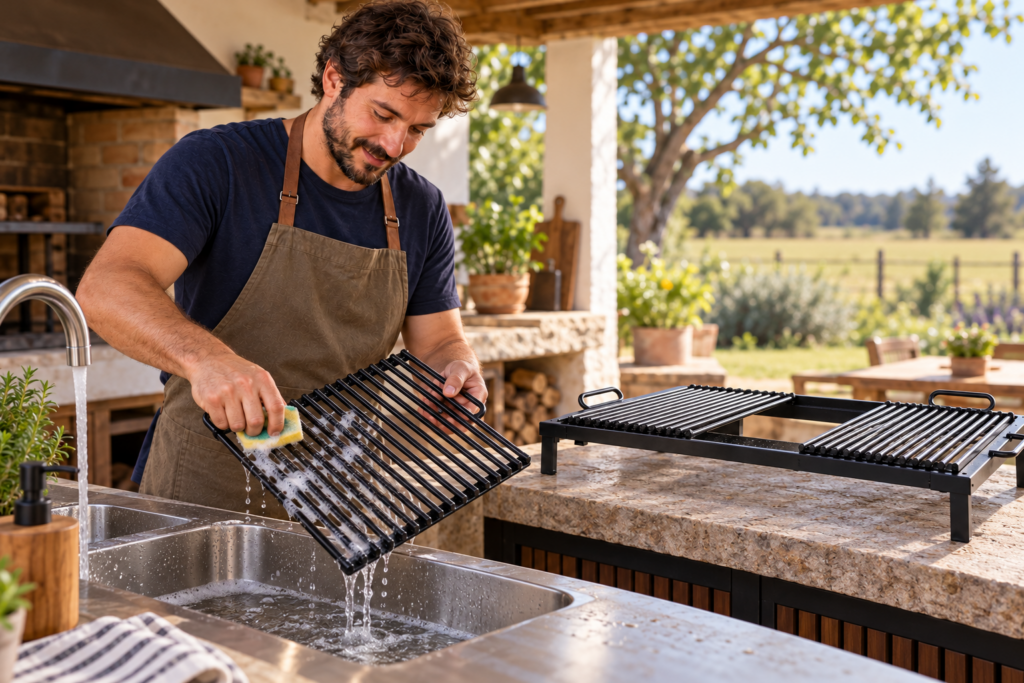 Hombre limpiando un módulo desmontable del emparrillado de hierro redondo Deportones en una pileta.