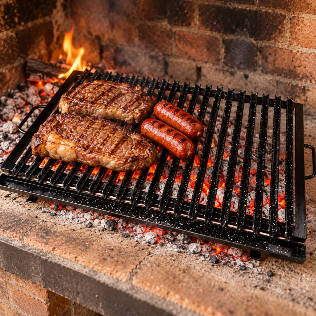 Emparrillado de hierro ángulo enlozado con grasera, carne y chorizos sobre brasas en una parrilla argentina.