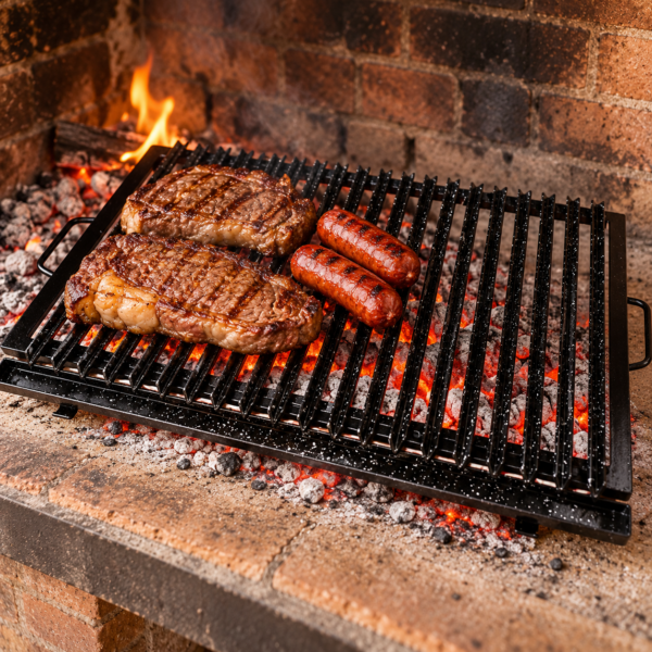 Emparrillado de hierro ángulo enlozado con grasera, carne y chorizos sobre brasas en una parrilla argentina.