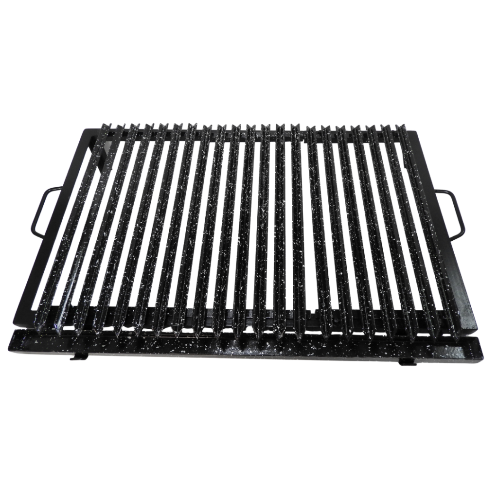 Emparrillado portátil de hierro ángulo enlozado con módulos desmontables y grasera, sin accesorios.