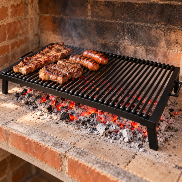 Emparrillado portátil de hierro redondo con carne y chorizos sobre brasas en una parrilla argentina de quincho.