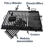 Kit emparrillado de hierro ángulo enlozado con grasera, plancha bifera, pala, atizador y módulos desmontables.
