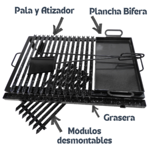 Kit emparrillado de hierro ángulo enlozado con grasera, plancha bifera, pala, atizador y módulos desmontables.