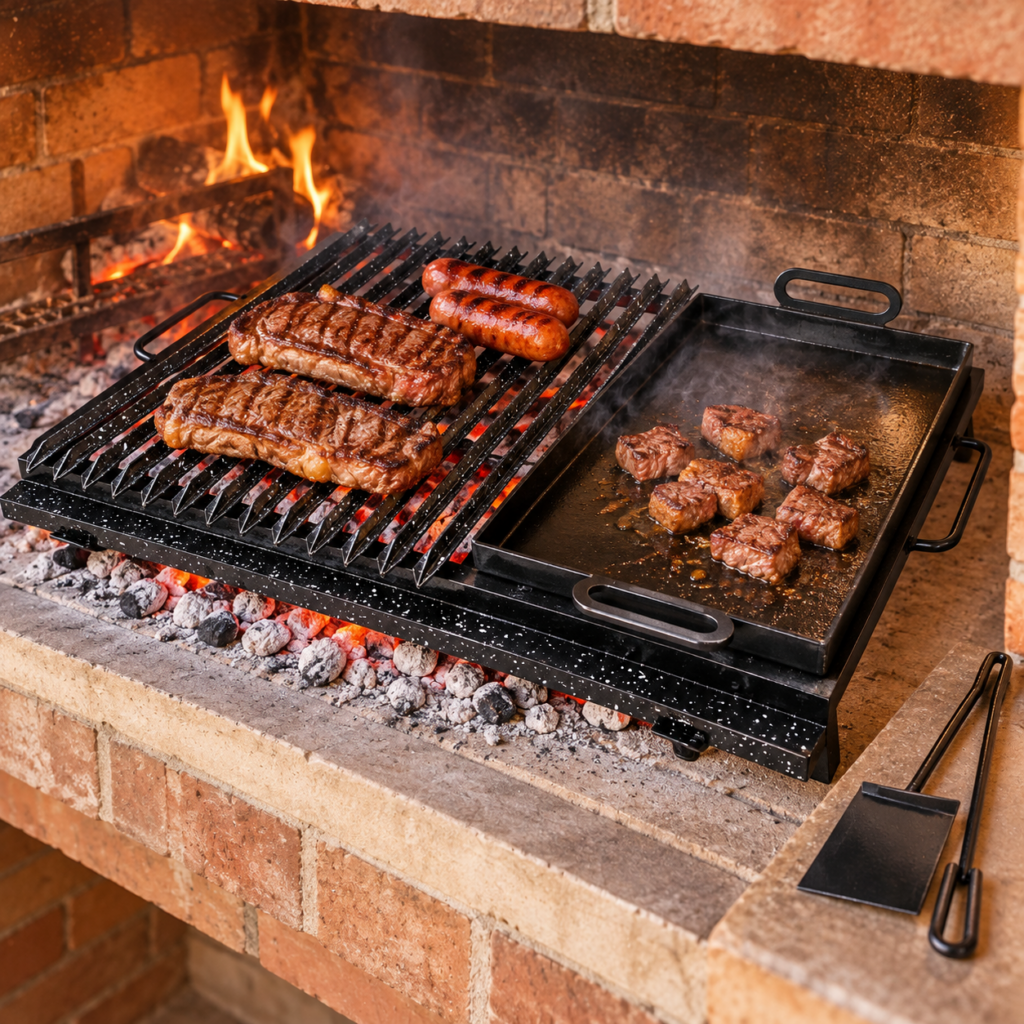 Kit de hierro ángulo enlozado con grasera y plancha bifera asando carne sobre brasas, con pala y atizador al costado.